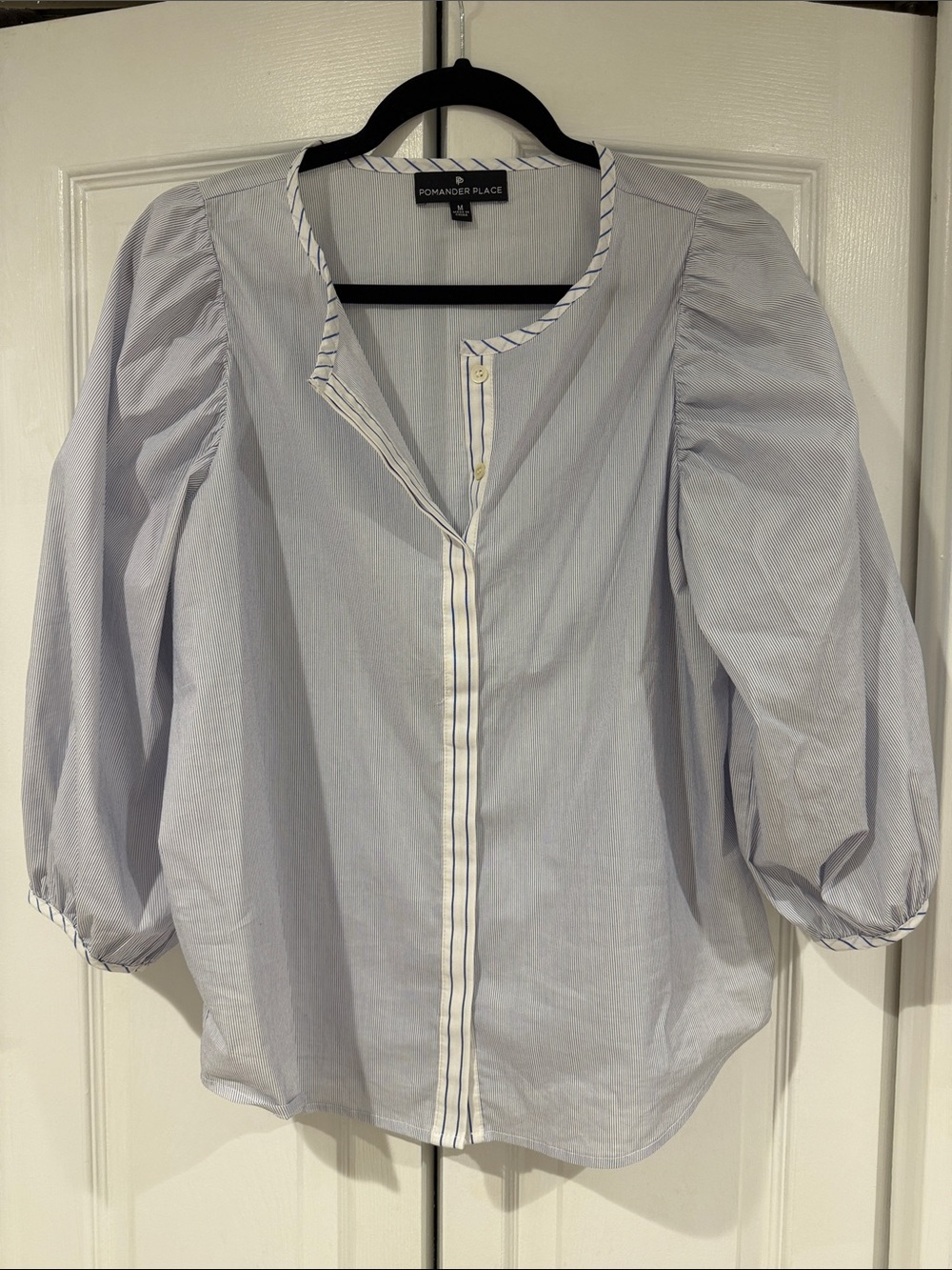 Pomander Place Light Blue Pinstripe Puff-Sleeve Blouse